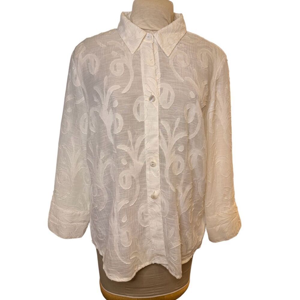 Coldwater Creek Textured Blouse Burnout XL White Button Front Spring Lightweight